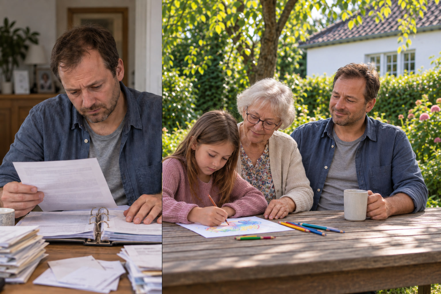 Links: Papierkram & Stress. Rechts: entspannte Familie — wir übernehmen die Bürokratie.