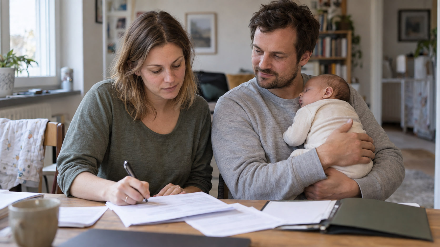 Eltern füllen zu Hause Anträge aus, der Vater hält das Baby