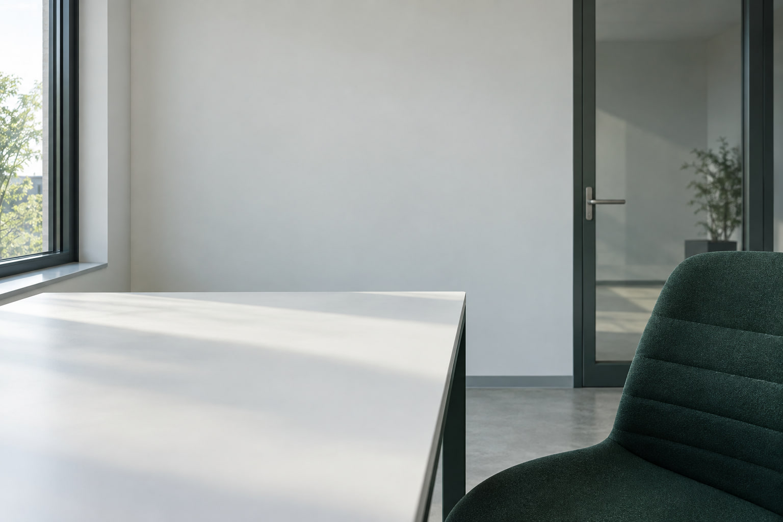 Frisch gereinigter Arbeitsraum mit leerem Schreibtisch am Fenster
